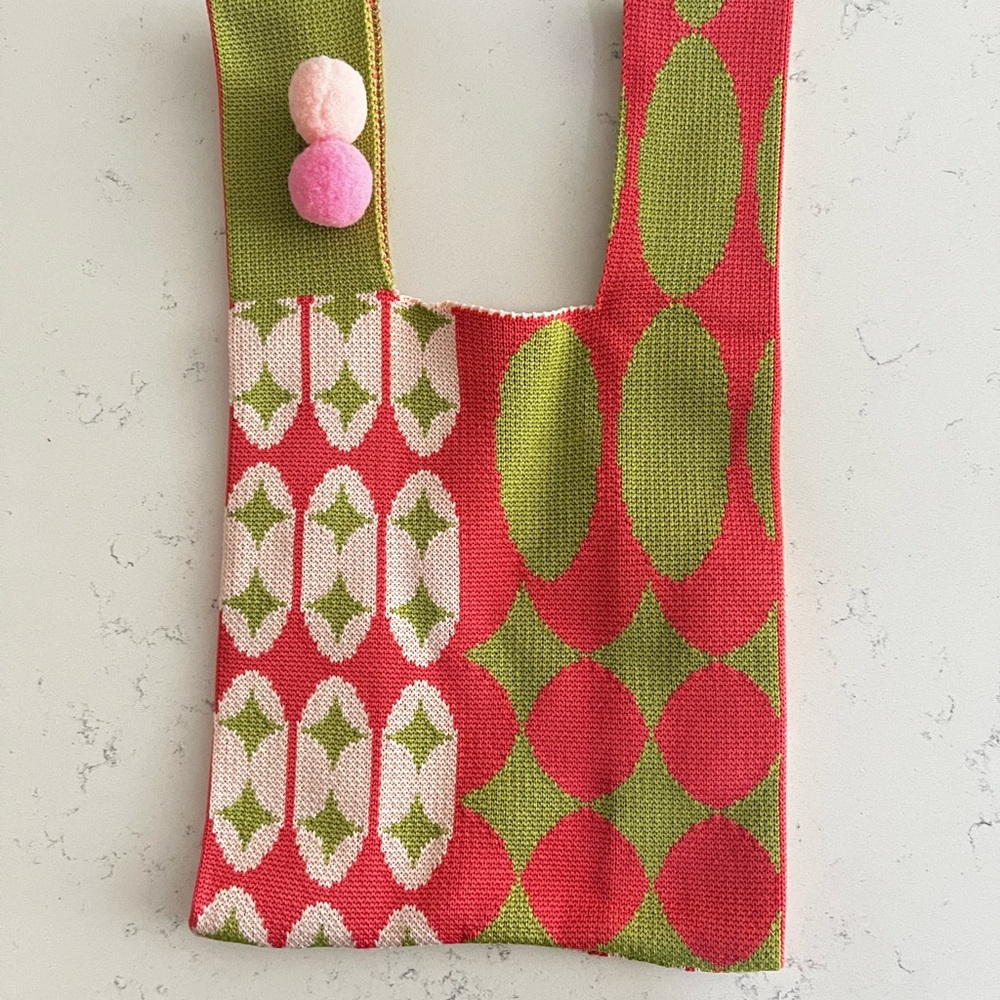 Japanese Style Green and Pink Patterned Knit Mini Tote Bag
